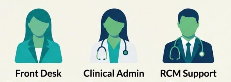 Illustrations representing front desk, clinical administration, and revenue cycle support professionals